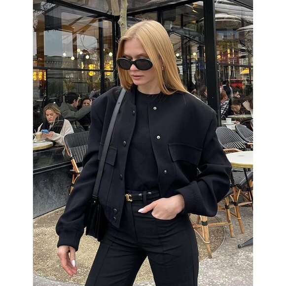 Women Black Cropped Bomber Jacket Button Down Varsity Shacket with Pockets - Picture 2 of 5